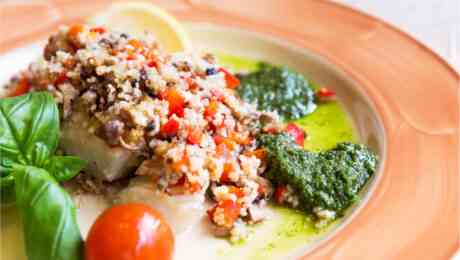Trout Fillets with Whole Wheat Couscous in Semi-dried Tomato & Pesto Sauce